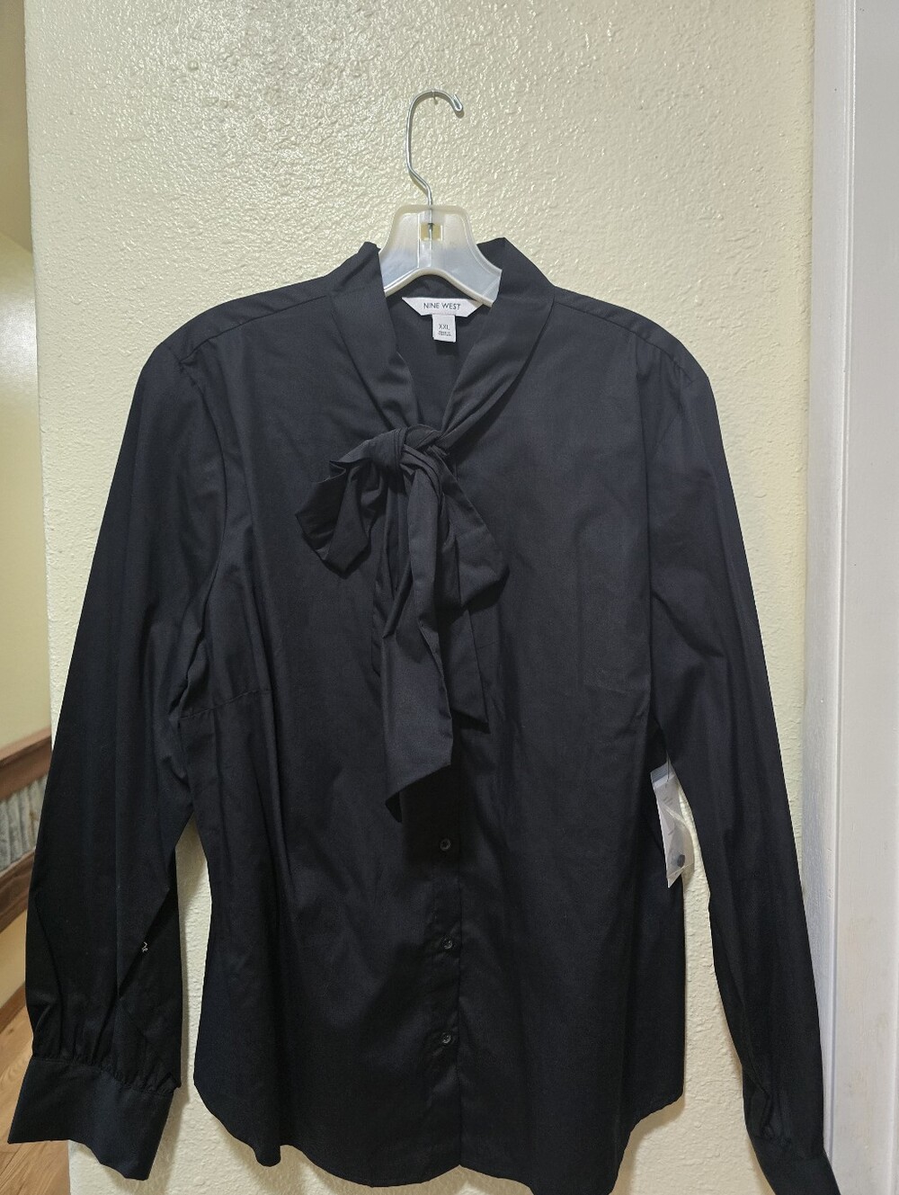 Nine West Black Bow-Tie Button Front Blouse